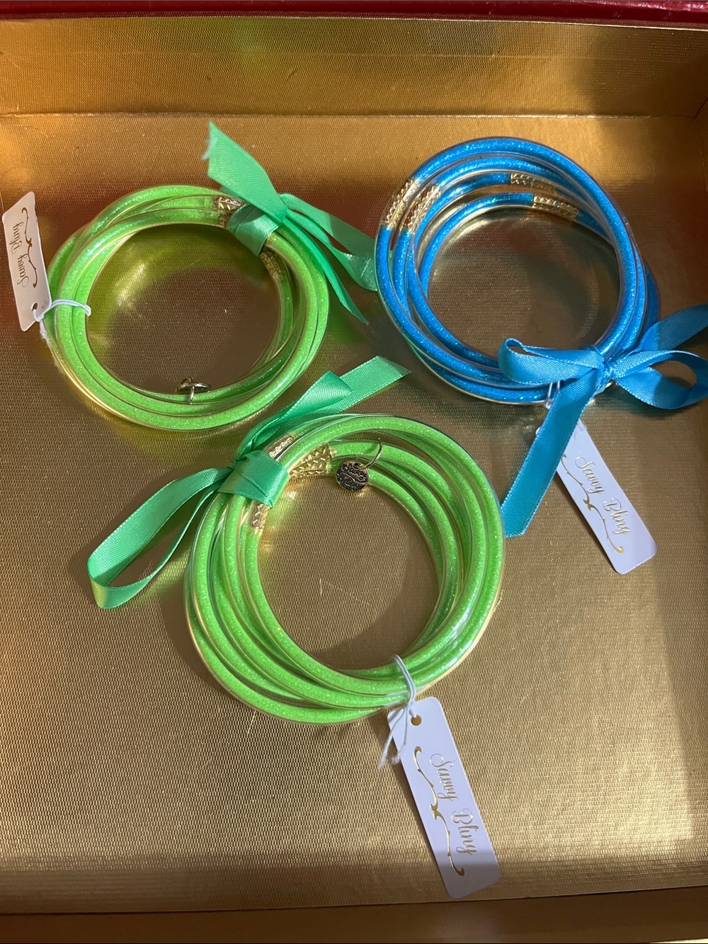 Green & Blue glitter filled jelly bangles.